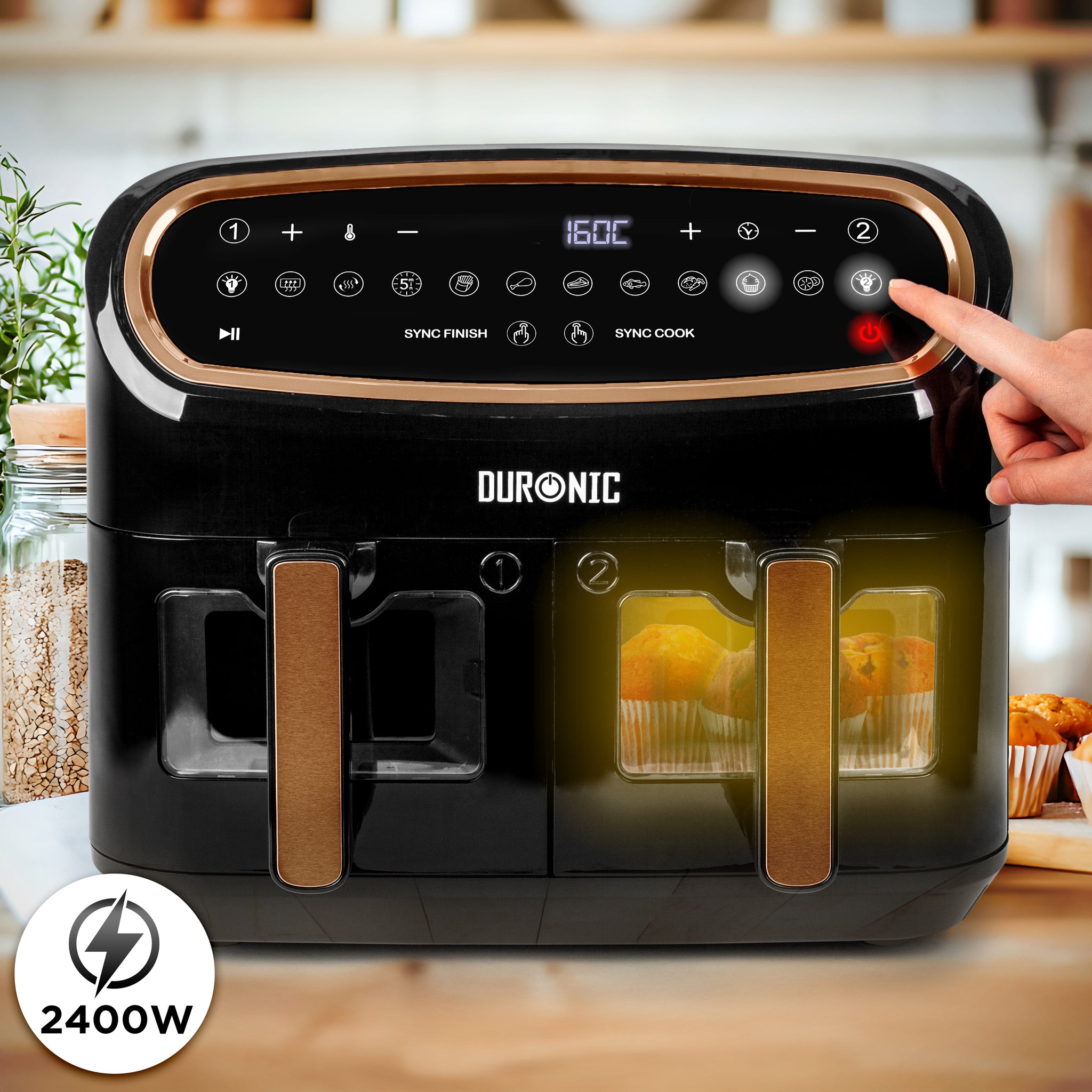 Duronic AF34 BG Set Friteuse à Air avec 1 grand tiroir de 10L et 2 petits tiroirs de 5L inclus | 10 Programmes de Cuisson Préréglés | Sans huile | Fonctions Sync Cook Sync Finish