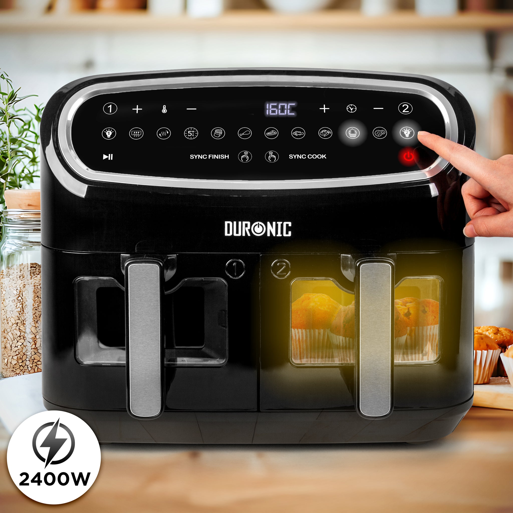 Duronic AF34 BK Set Friteuse à Air avec 1 grand tiroir de 10L et 2 petits tiroirs de 5L inclus | 10 Programmes de Cuisson Préréglés | Sans huile | Fonctions Sync Cook Sync Finish