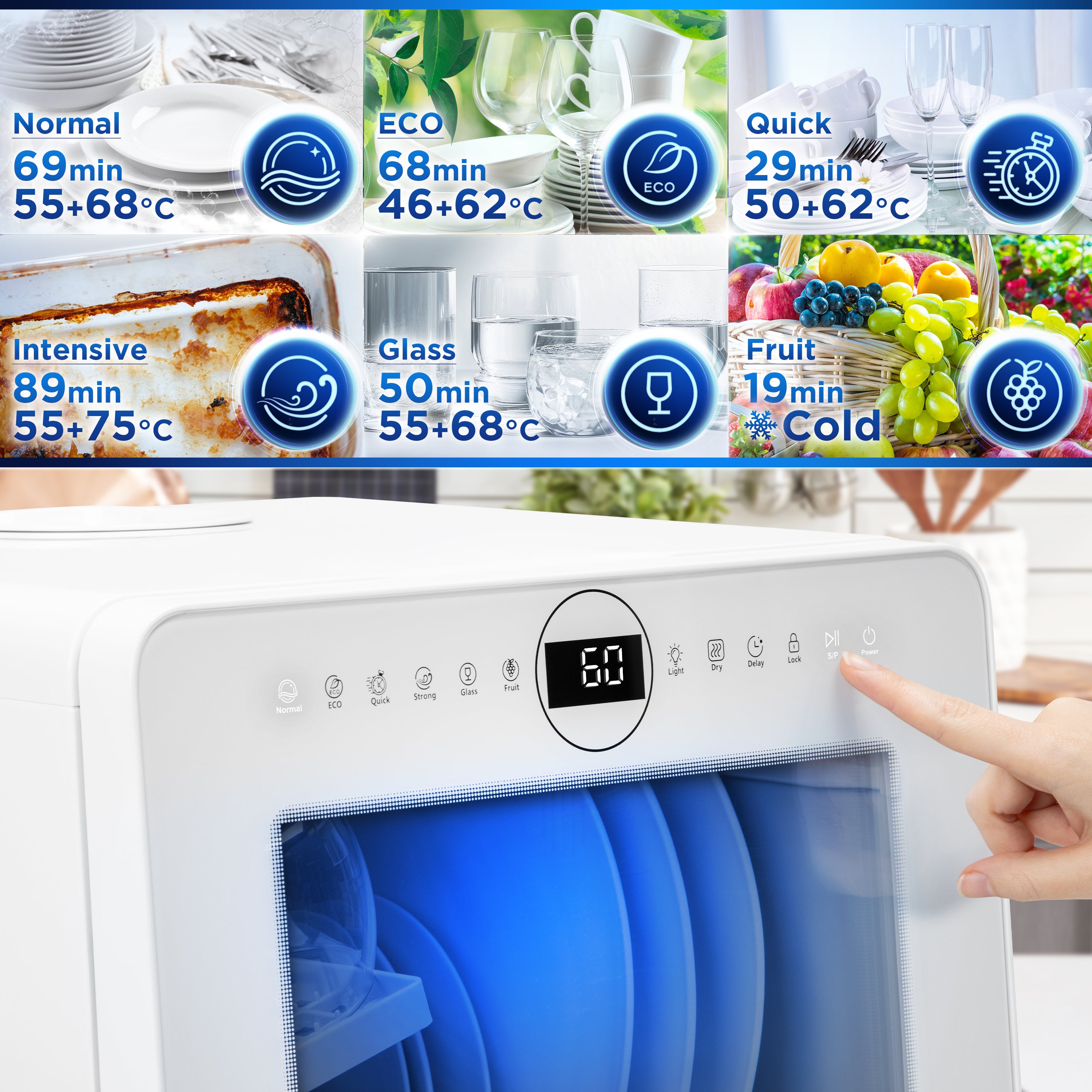 Duronic DW5 WE Lave-vaisselle de table 950W lave vaisselle posable portable compact gain de place pour petite cuisine 7 programmes de lavage séchage efficace pratique