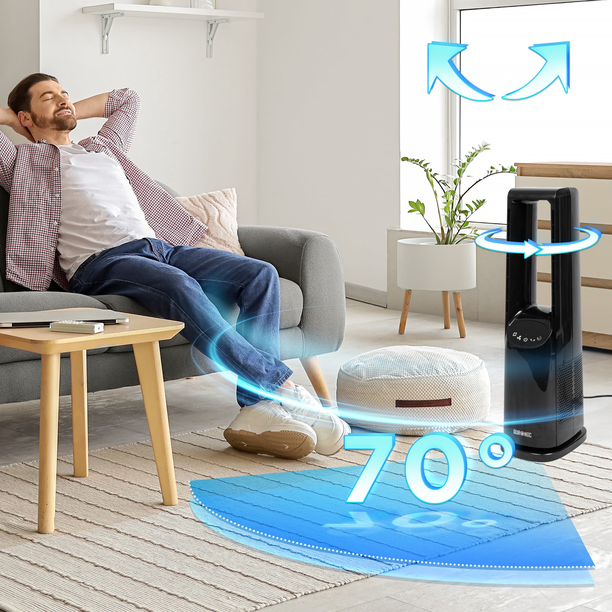 Duronic FN72 BK Ventilateur colonne 60W Aérateur avec 3 vitesses Minuterie 1 à 12 heures Oscillation à 70° Mode nuit Télécommande incluse avec 5 mètres de portée