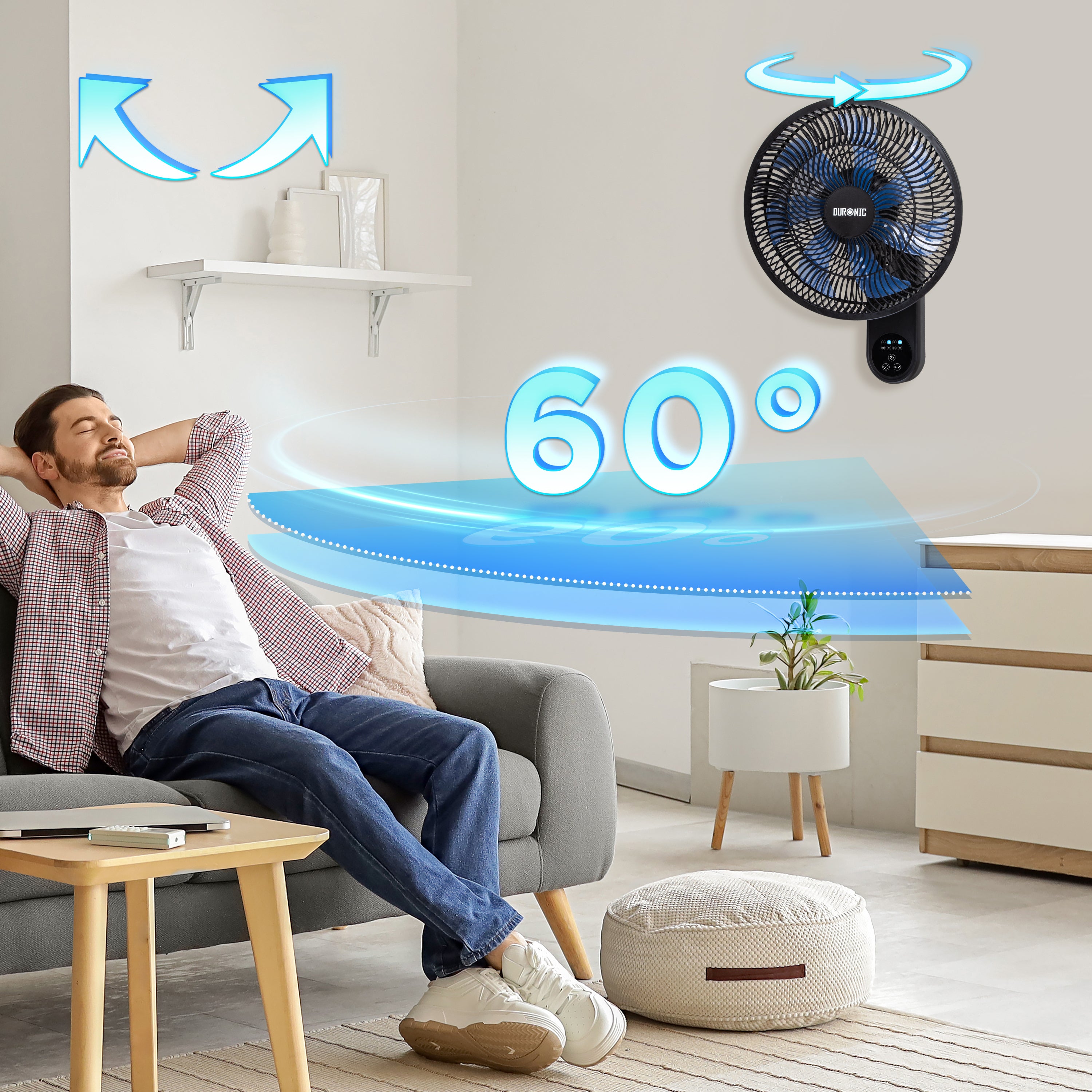 Duronic FN12 BK Ventilateur mural 50W Aérateur de 12 pouces 3 vitesses Minuterie Oscillation à 60° Télécommande incluse avec 5 mètres de portée Volume sonore 50,4 dB Montage facile