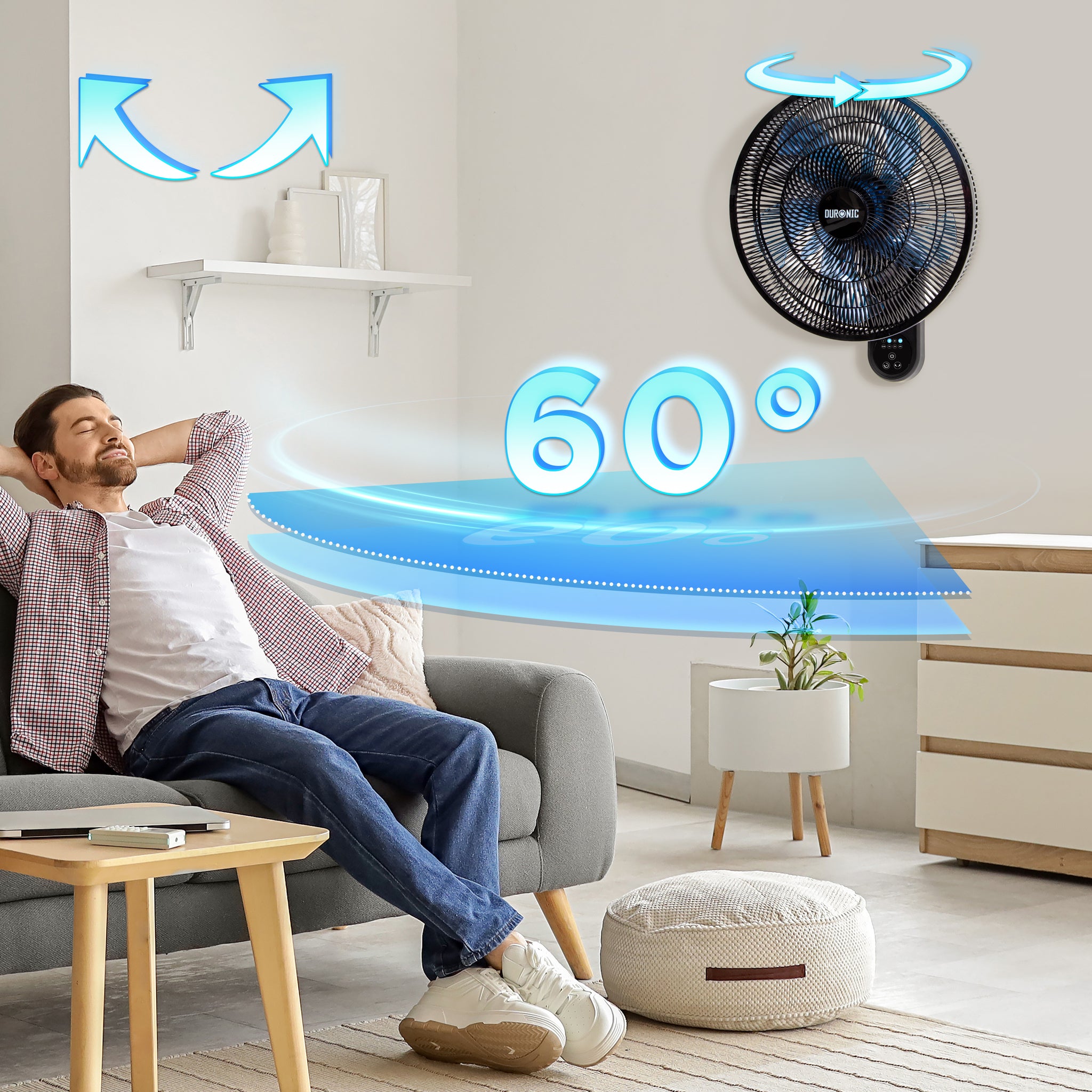 Duronic FN42 BK Ventilateur mural 50W Aérateur de 16 pouces 3 vitesses Minuterie Oscillation à 60° Télécommande incluse avec 5 mètres de portée Volume sonore 52,8 dB Montage facile