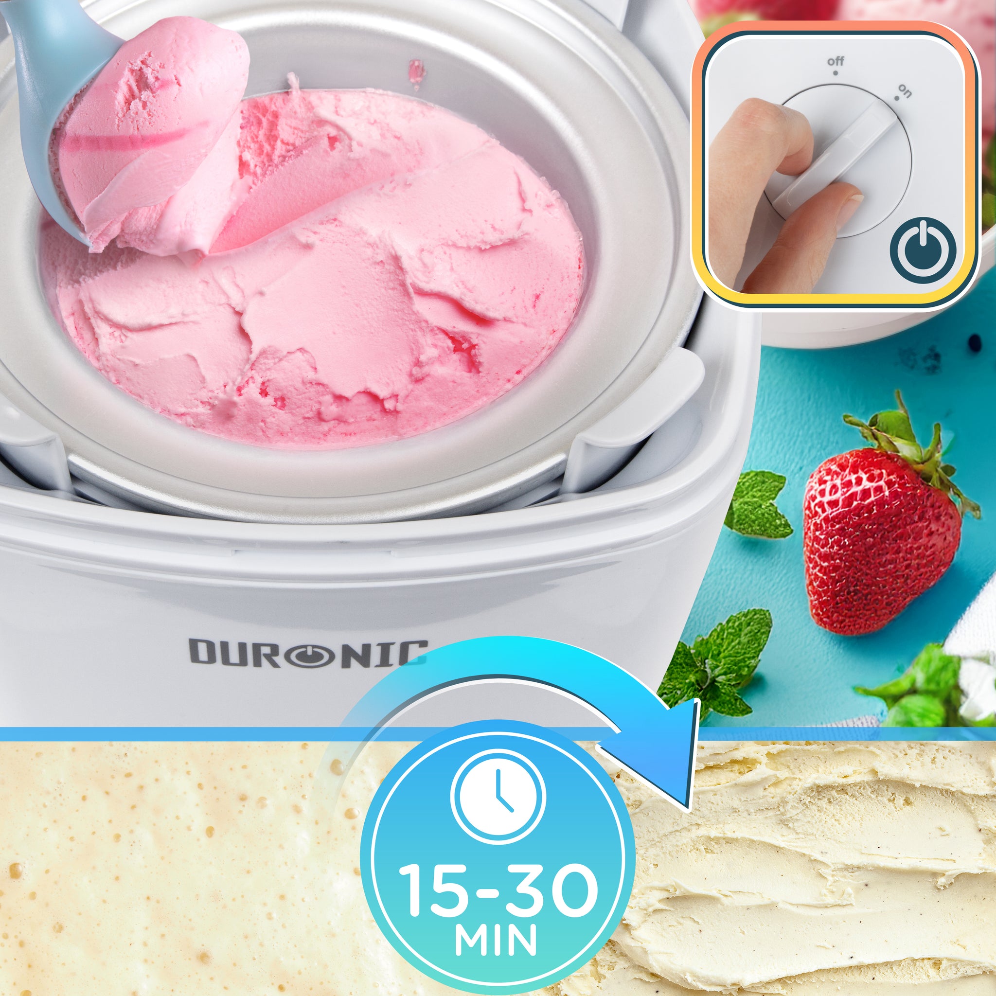 Duronic IM540 Machine à glace et sorbetière électrique Cuve amovible en inox de 1,5 litres Turbine idéale pour créer des glaces sorbets yaourts glacés crèmes glacée et desserts faits maison