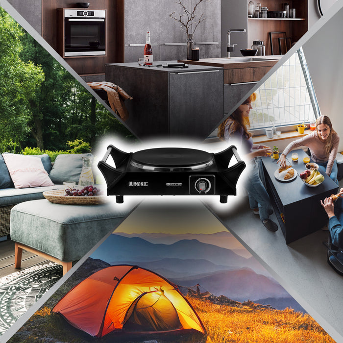 Duronic HP1 BK Plaque de cuisson chauffante électrique avec foyer en fonte de 20 cm | 1500W | Compacte et mobile | Poignées ergonomiques | Thermostat | Cuisinière pour camping, camping-car, caravane