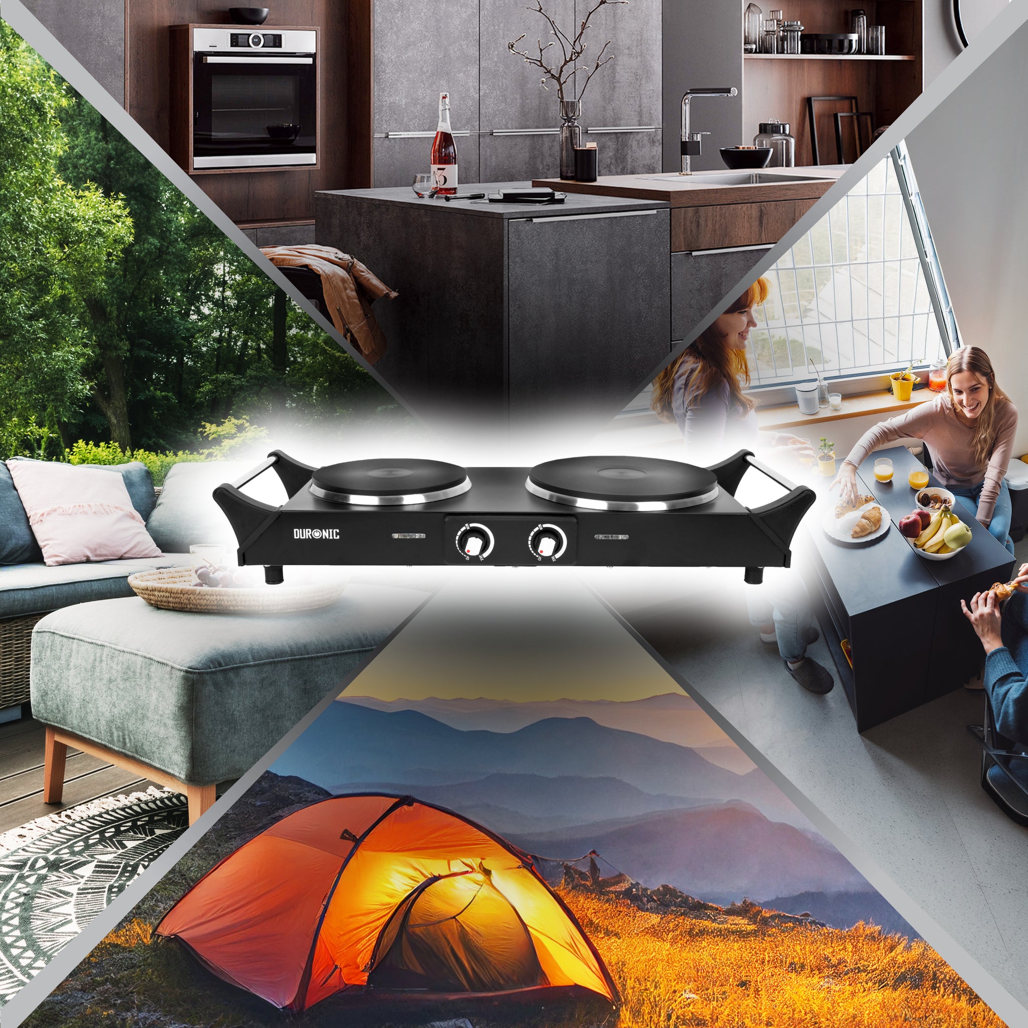 Duronic HP2 BK Plaque de cuisson chauffante électrique avec double foyer en fonte de 20 et 15 cm| 2500W | Compacte et mobile | Poignées ergonomiques | Thermostat | Camping, Camping-car, caravane