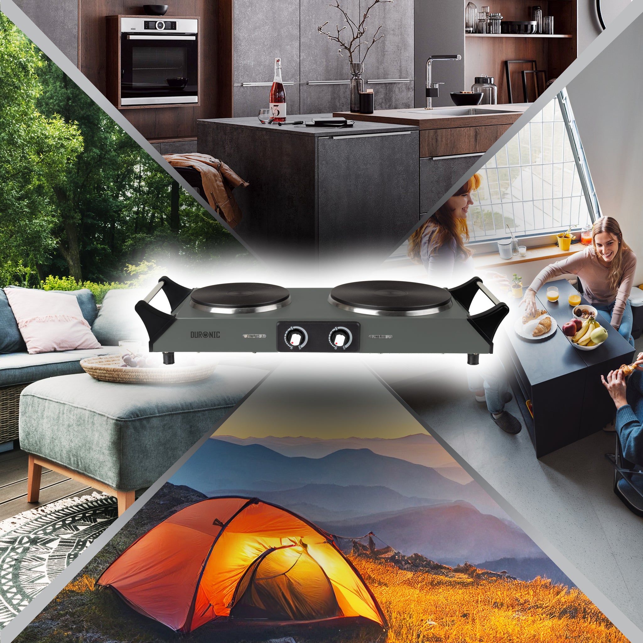 Duronic HP2 GG Plaque de cuisson électrique 2500W avec 2 foyers 20 et 15 cm Foyers en fonte 20 et 15 cm Réchaud avec thermostat réglable Poignées ergonomiques Pieds antidérapants Idéal pour camping