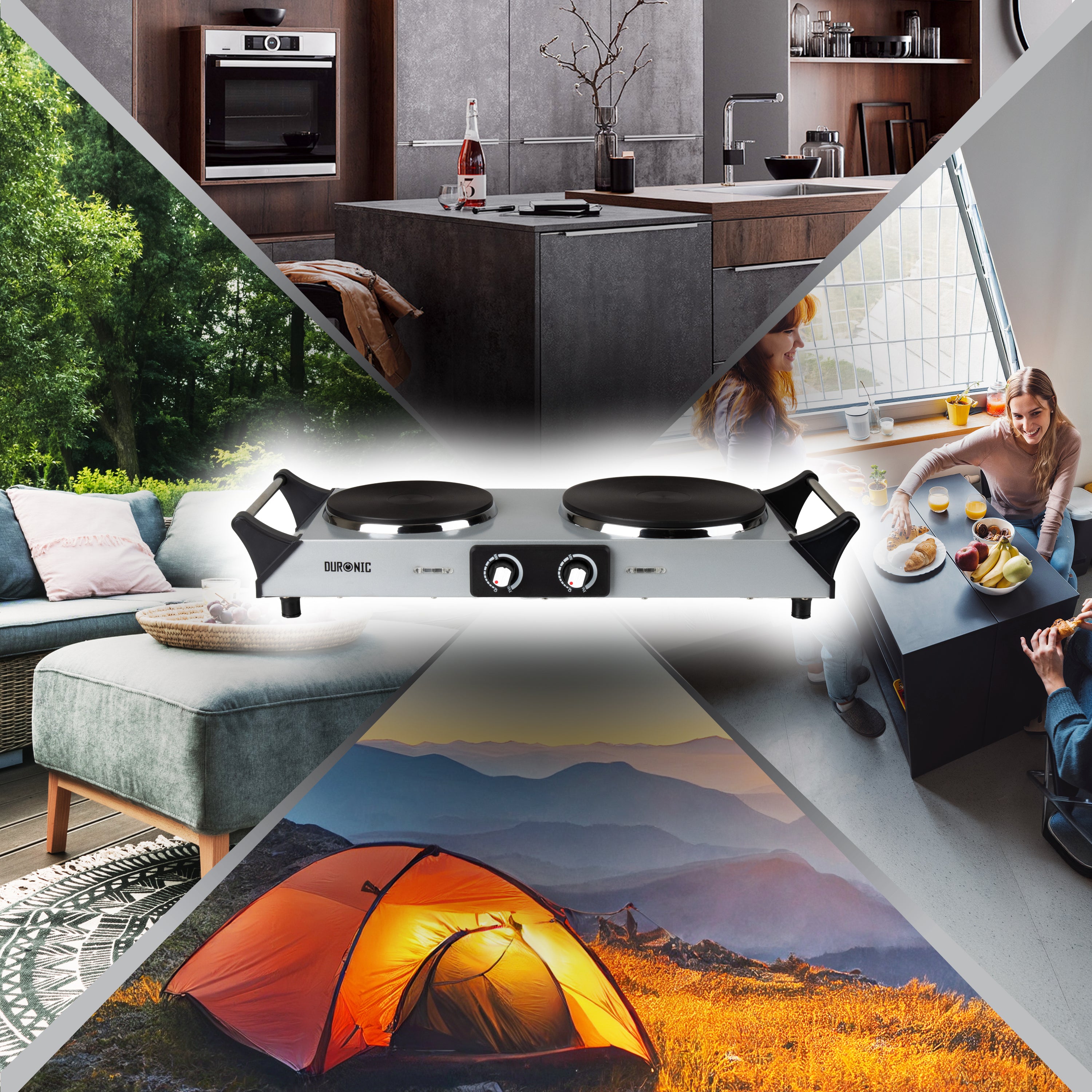 Duronic HP2 SS Plaque de cuisson chauffante électrique avec double foyer en fonte de 20 et 15 cm| 2500W | Compacte et mobile | Poignées ergonomiques | Thermostat | Camping, Camping-car, caravane