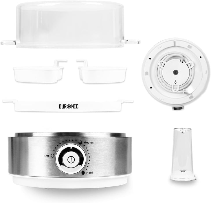 Duronic EB40 WE Cuiseur à œufs 400W 1 à 7 oeufs Thermostat et minuteur pour obtenir œufs durs ou mollets ou à la coque avec fonction dédiée pour préparer 2 types de cuisson Sans BPA