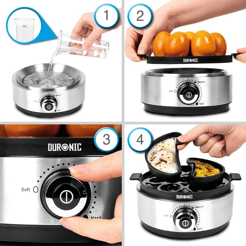 Duronic EB40 BK Cuiseur à œufs 400W 1 à 7 oeufs Thermostat et minuteur pour obtenir œufs durs ou mollets ou à la coque avec fonction dédiée pour préparer 2 types de cuisson Sans BPA