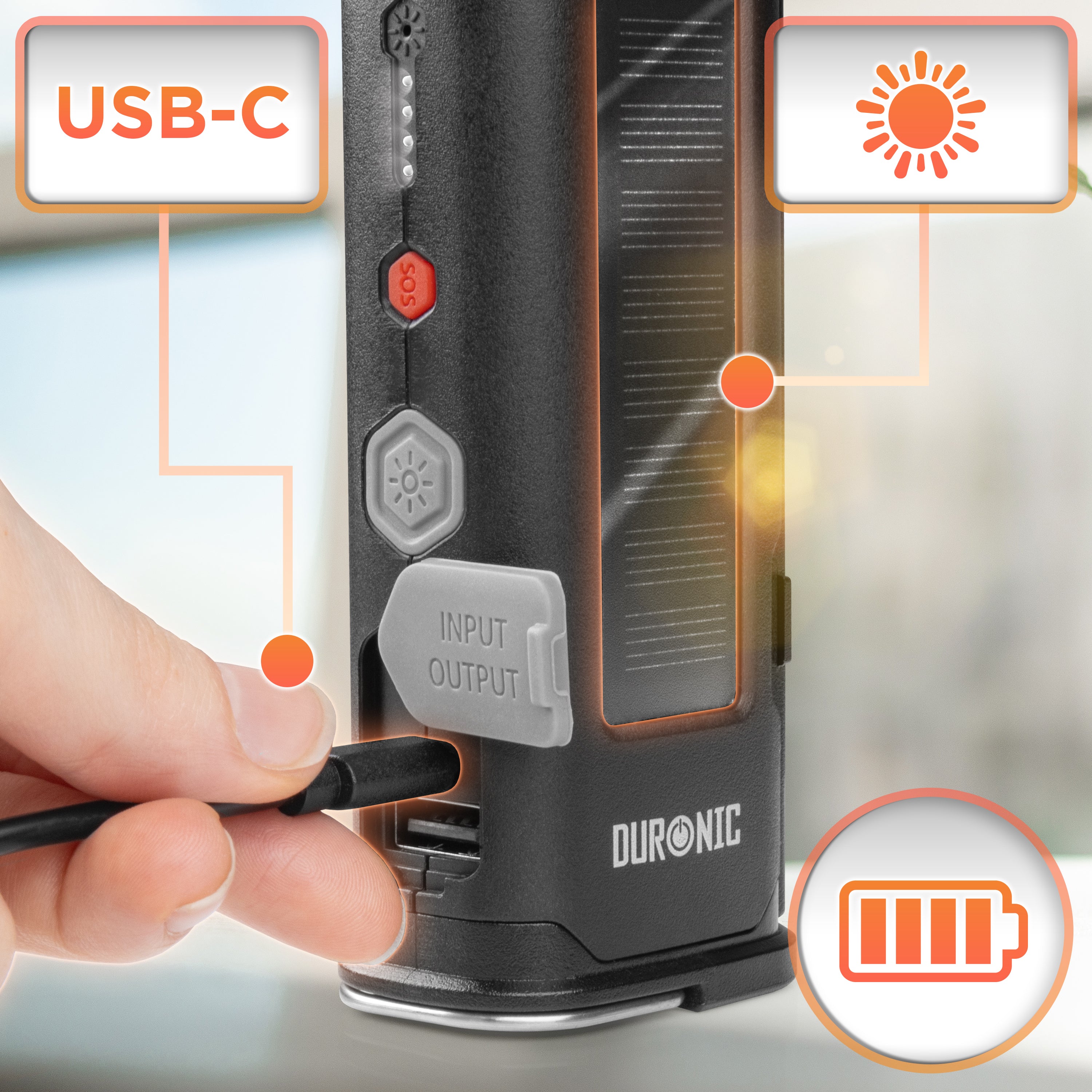 Duronic CT51 Outil d’urgence pour voiture van camion Outil d’évacuation multifonctions Coupe ceinture de sécurité Marteau brise vitre Alarme SOS Lampe torche magnétique Charge USB-C ou solaire