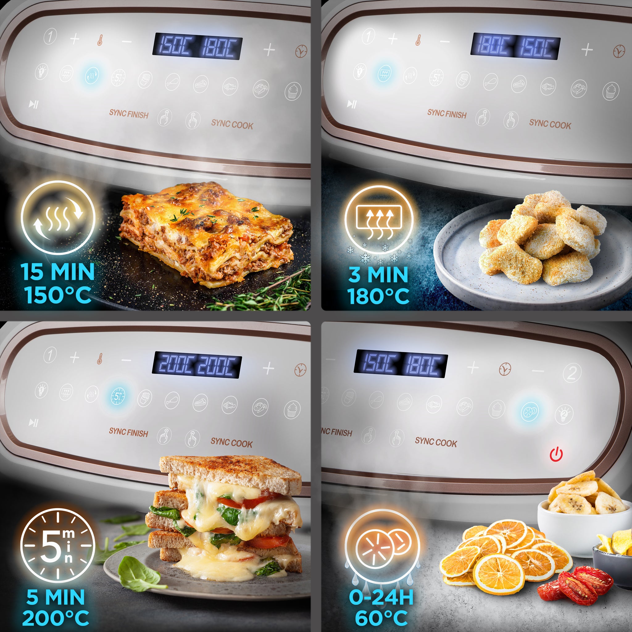 Duronic AF34 WE Set Friteuse à Air avec 1 grand tiroir de 10L et 2 petits tiroirs de 5L inclus 10 Programmes de Cuisson Préréglés Sans huile Fonctions Sync Cook Sync Finish