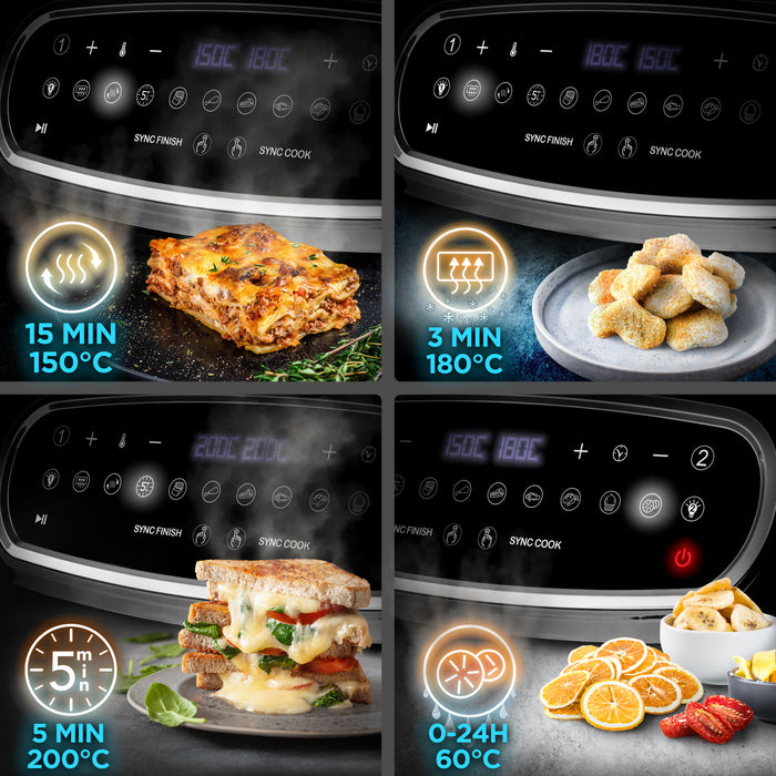 Duronic AF24 Friteuse à air de 2400 W | Deux tiroirs de cuisson de 5 litres chacun | Fonctions Sync Cook et Sync Finish | 10 modes de cuisson préréglés | Sans huile | Commande numérique tactile