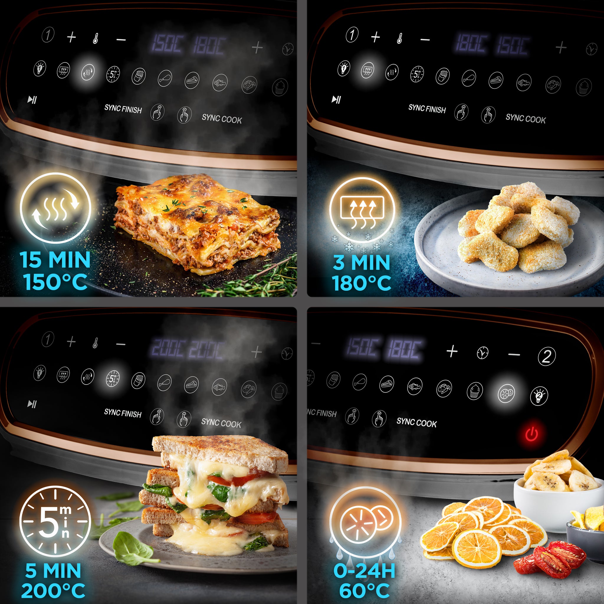 Duronic AF34 BG Set Friteuse à Air avec 1 grand tiroir de 10L et 2 petits tiroirs de 5L inclus | 10 Programmes de Cuisson Préréglés | Sans huile | Fonctions Sync Cook Sync Finish