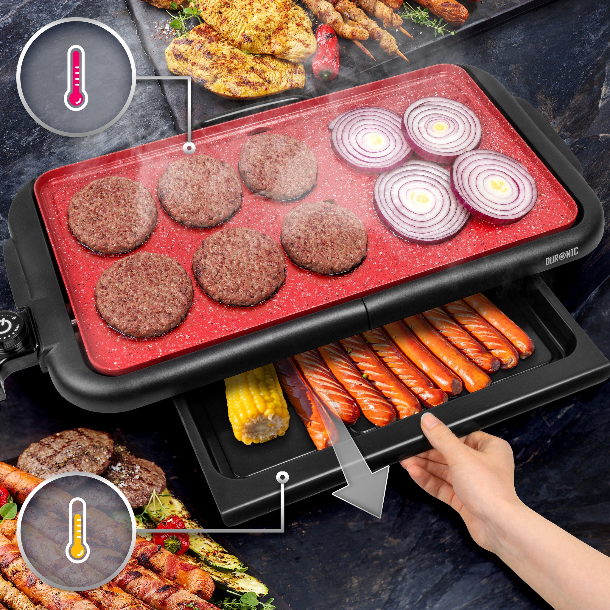 Duronic GP25 Plancha électrique antiadhésive XL 6 à 8 personnes 2000W Surface 47 x 26 cm avec thermostat Bac à jus amovible Cuisson sans ajout de matière grasse Idéal pour soirée avec des amis