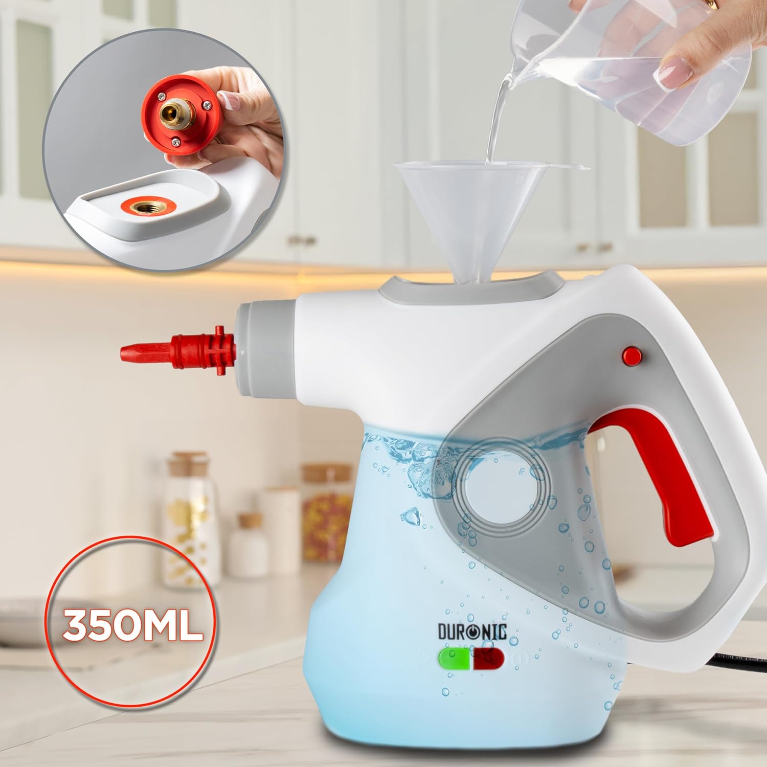 Duronic SC32 WE Nettoyeur vapeur à main 1050W Nettoyeur portable multifonction avec réservoir de 350 ml Nettoyage à la vapeur pour tissus Canapé Joints Douche Four Evier Vitres Fenêtres Miroirs