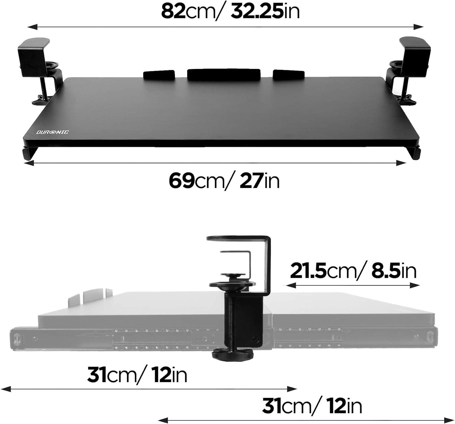 Duronic DKTPX2 Support coulissant pour clavier et souris, documents, ordinateur portable, tablette | Tiroir sous la table | Solution ergonomique pour le bureau | Fixation avec des pinces en acier