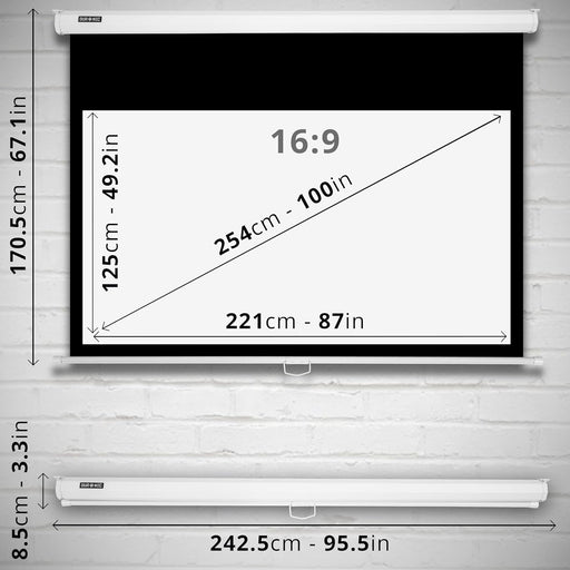 Duronic MPS100 16/9 WE Ecran de Projection TV et Home Cinema de 100 Pouces 254 cm | 221 x 125 cm | Fixation Mur ou Plafond | Déroulement Manuel | Gain +1 idéal pour 3D 8K 4K 1080P