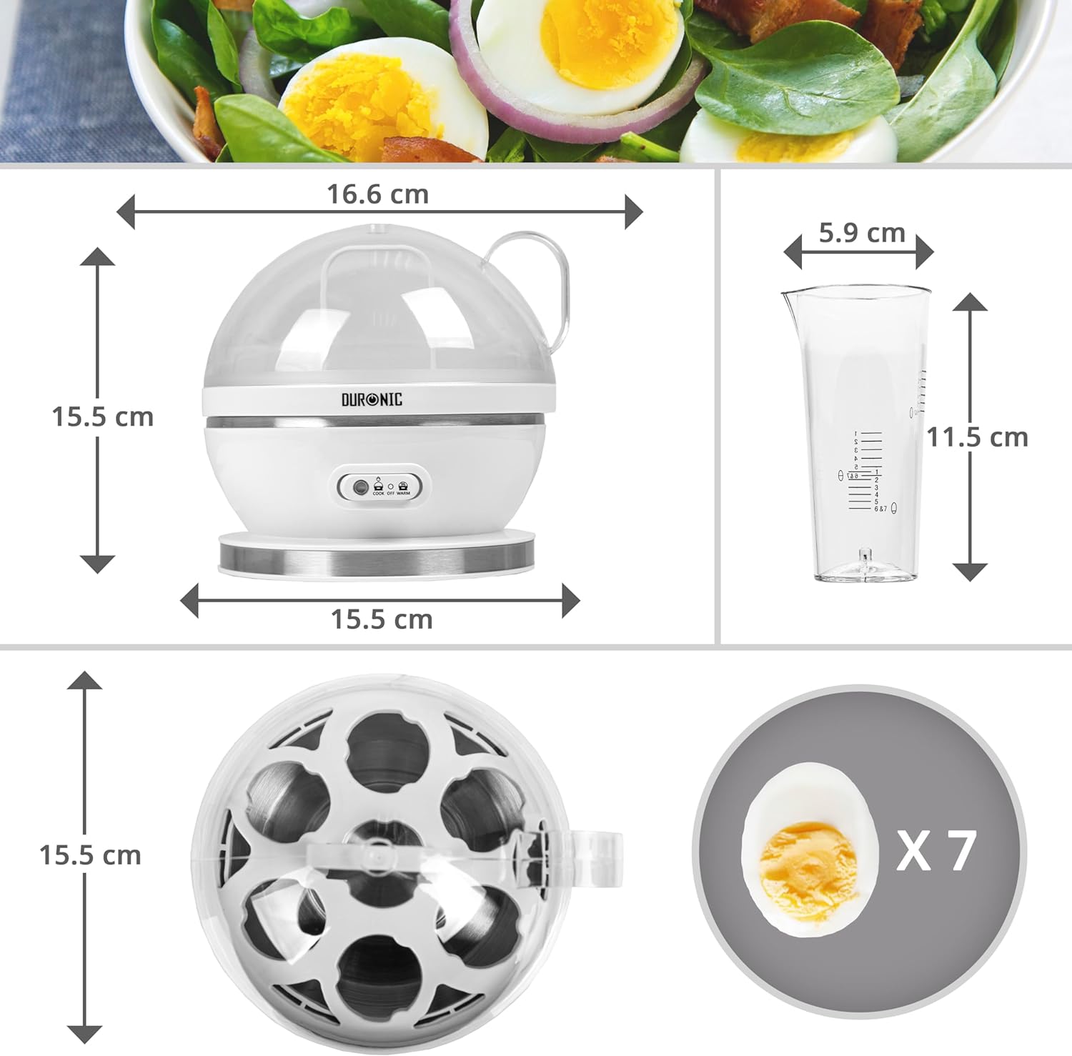 Duronic EB27 WE Cuiseur à œufs 400W 1 à 7 oeufs Thermostat et minuteur pour obtenir œufs durs ou mollets ou à la coque avec fonction dédiée pour préparer 2 types de cuisson Sans BPA