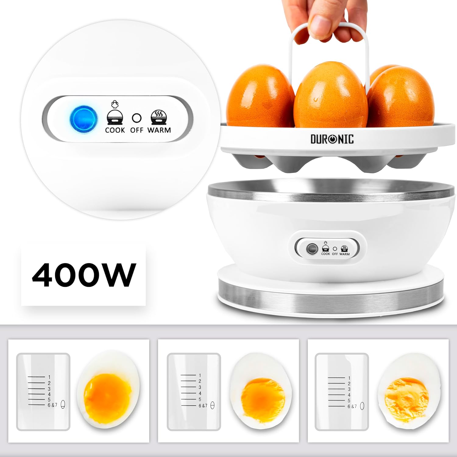 Duronic EB27 WE Cuiseur à œufs 400W 1 à 7 oeufs Thermostat et minuteur pour obtenir œufs durs ou mollets ou à la coque avec fonction dédiée pour préparer 2 types de cuisson Sans BPA
