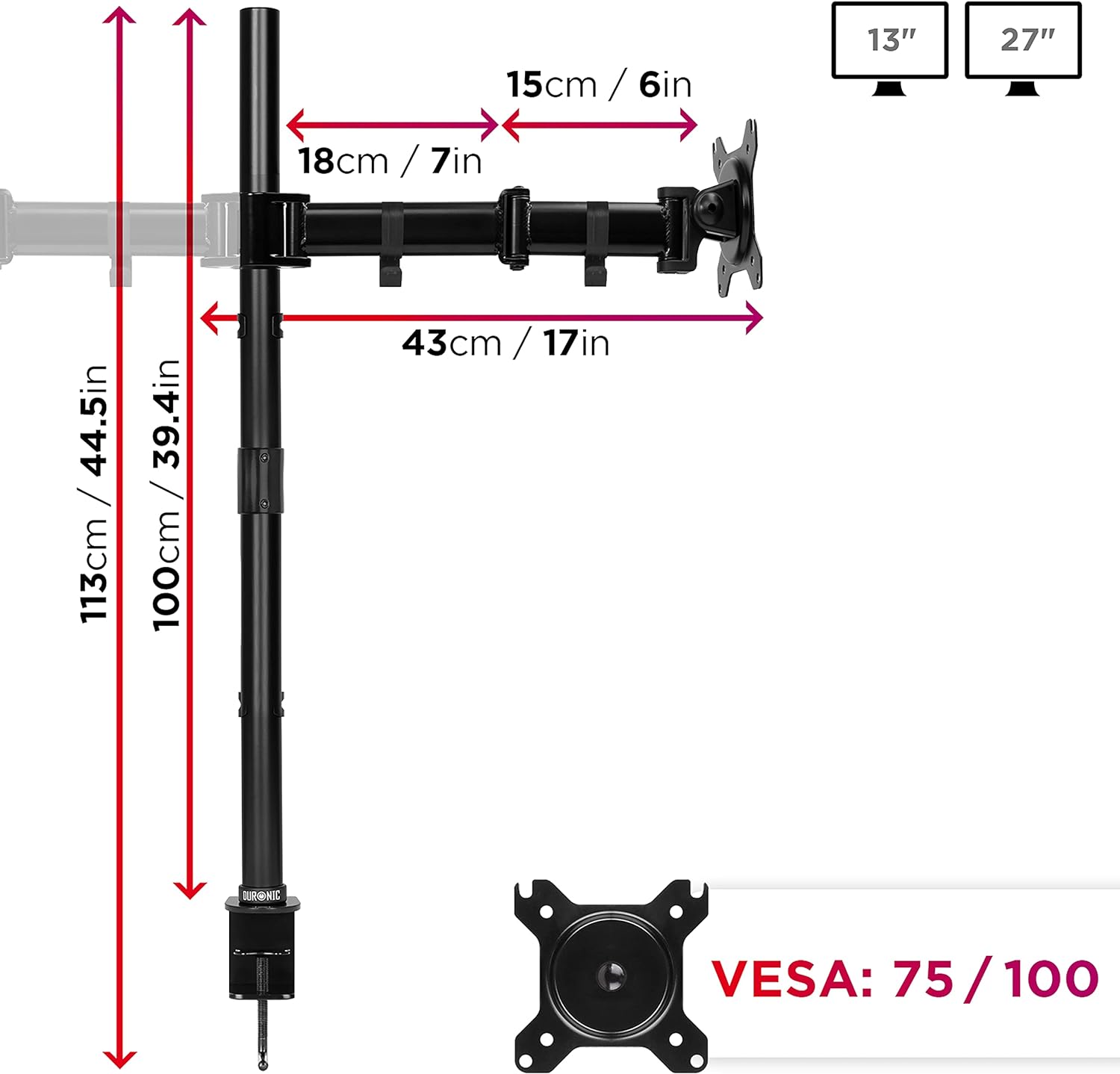 Duronic DMT252 Bras pour 2 Moniteurs d'Ordinateur | Support d'écrans PC articulé pour Bureau avec Potence de 100 cm | VESA 75 100 | Hauteur Ajustable | Rotatif Inclinable Pivotant