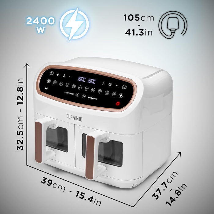 Duronic AF34 WG Set Friteuse à Air avec 1 grand tiroir de 10L et 2 petits tiroirs de 5L inclus | 10 Programmes de Cuisson Préréglés | Sans huile | Fonctions Sync Cook Sync Finish