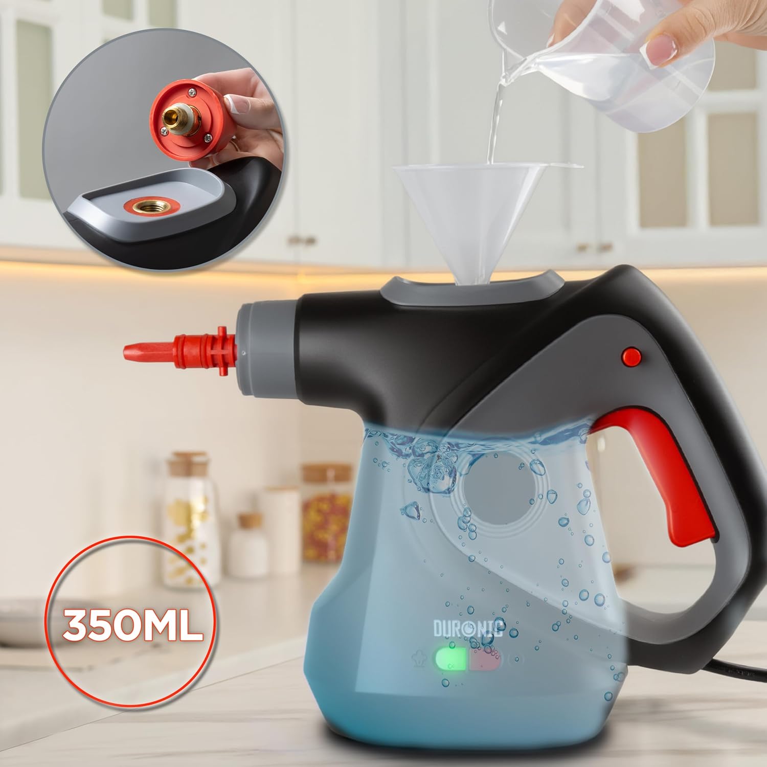 Duronic SC32 BK Nettoyeur vapeur à main 1050W Nettoyeur portable multifonction avec réservoir de 350 ml Nettoyage à la vapeur pour tissus Canapé Joints Douche Four Evier Vitres Fenêtres Miroirs