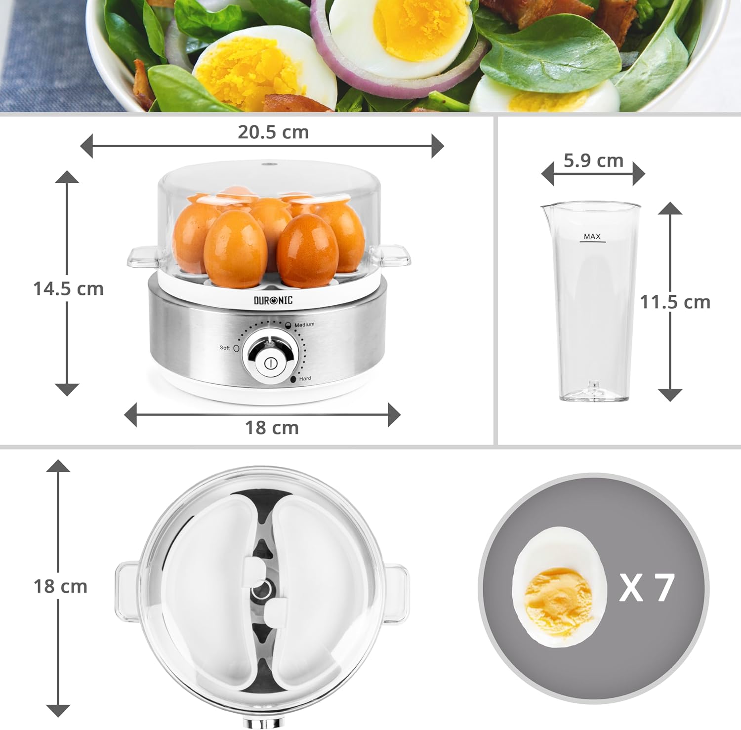 Duronic EB40 WE Cuiseur à œufs 400W 1 à 7 oeufs Thermostat et minuteur pour obtenir œufs durs ou mollets ou à la coque avec fonction dédiée pour préparer 2 types de cuisson Sans BPA