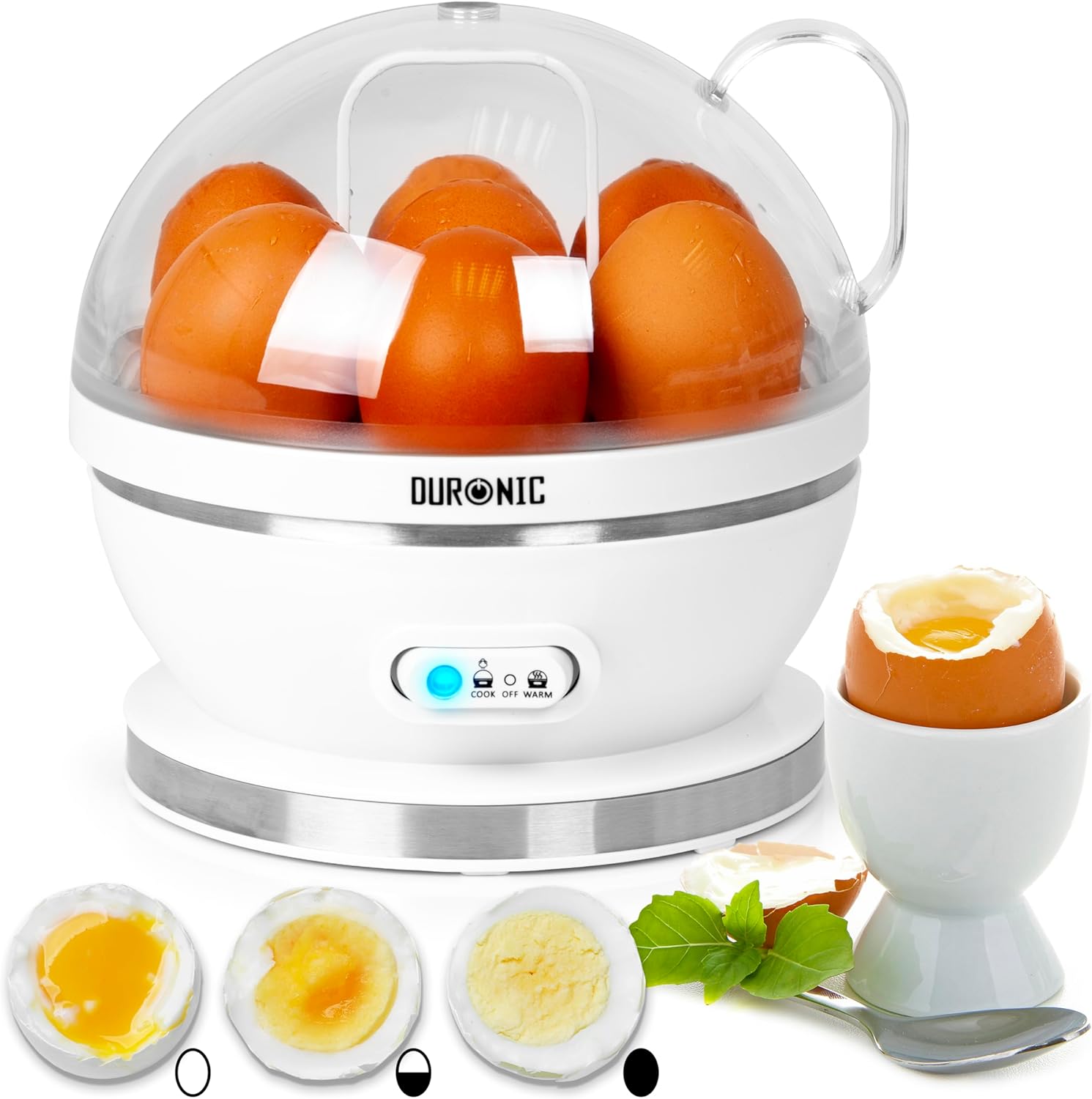 Duronic EB27 WE Cuiseur à œufs 400W 1 à 7 oeufs Thermostat et minuteur pour obtenir œufs durs ou mollets ou à la coque avec fonction dédiée pour préparer 2 types de cuisson Sans BPA