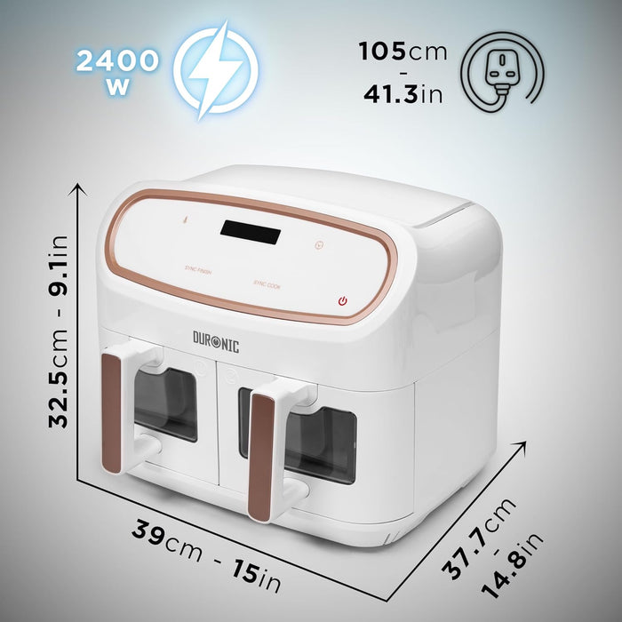 Duronic AF34 WE Set Friteuse à Air avec 1 grand tiroir de 10L et 2 petits tiroirs de 5L inclus 10 Programmes de Cuisson Préréglés Sans huile Fonctions Sync Cook Sync Finish