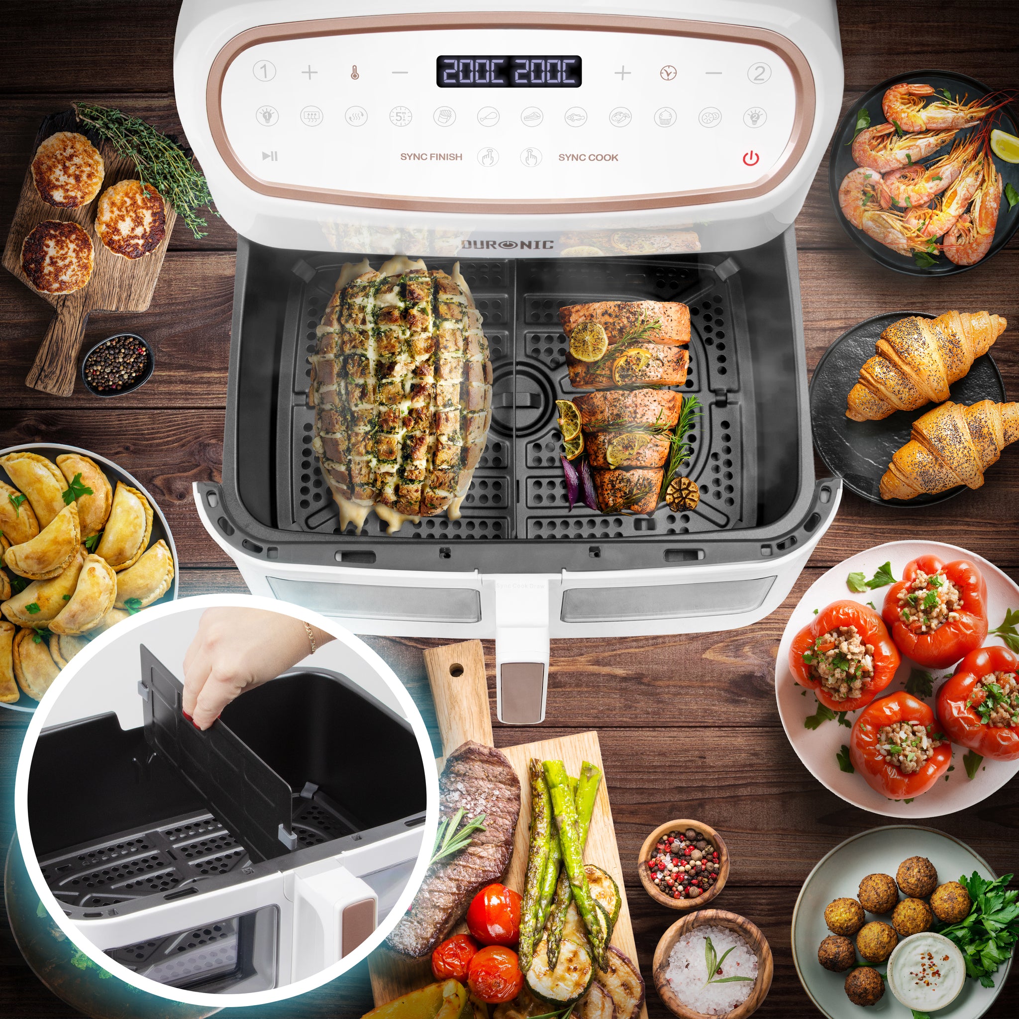Duronic AF34 WE Set Friteuse à Air avec 1 grand tiroir de 10L et 2 petits tiroirs de 5L inclus 10 Programmes de Cuisson Préréglés Sans huile Fonctions Sync Cook Sync Finish