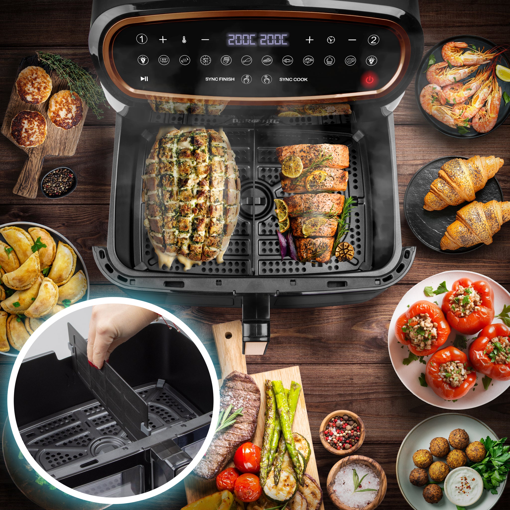 Duronic AF34 BG Set Friteuse à Air avec 1 grand tiroir de 10L et 2 petits tiroirs de 5L inclus | 10 Programmes de Cuisson Préréglés | Sans huile | Fonctions Sync Cook Sync Finish