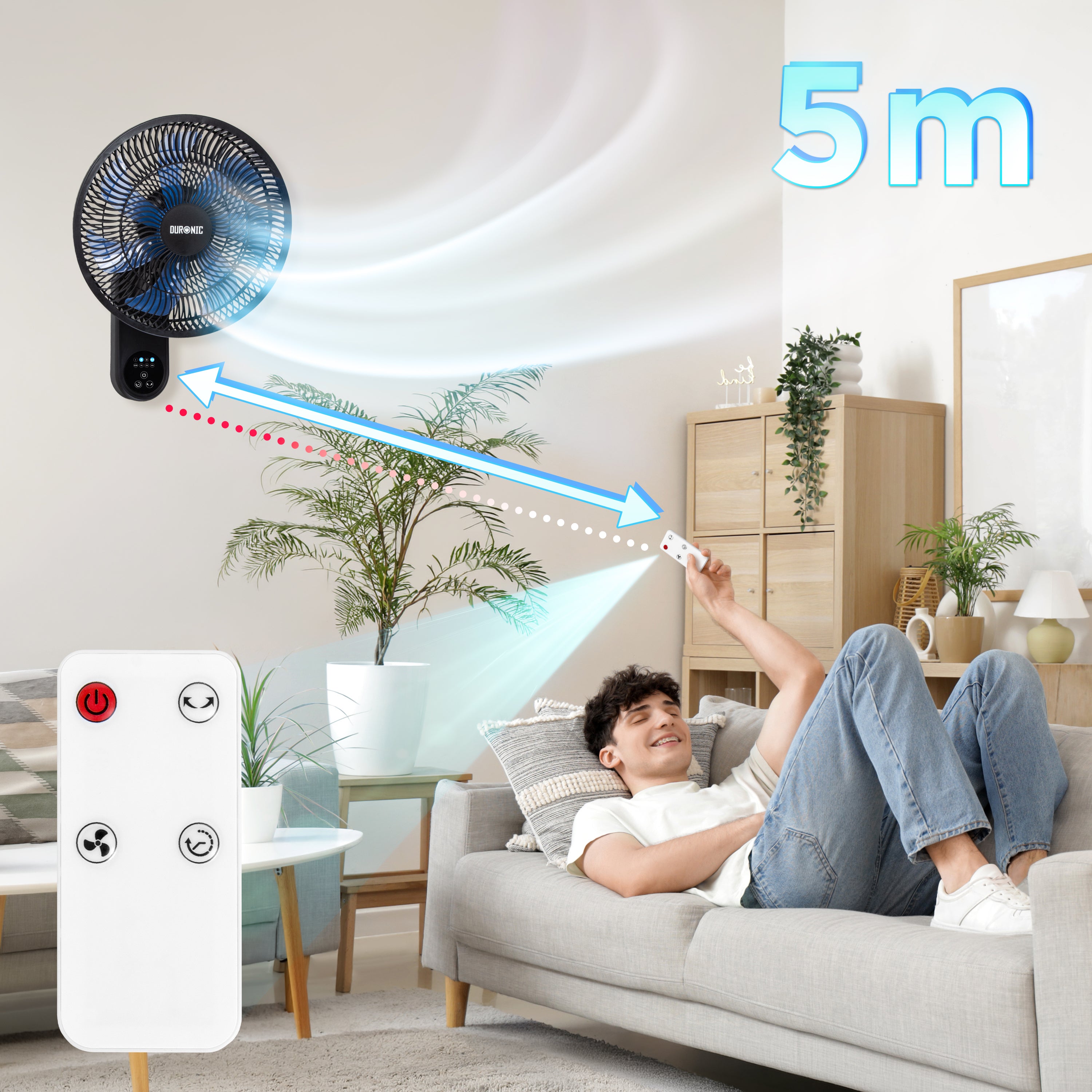 Duronic FN12 BK Ventilateur mural 50W Aérateur de 12 pouces 3 vitesses Minuterie Oscillation à 60° Télécommande incluse avec 5 mètres de portée Volume sonore 50,4 dB Montage facile