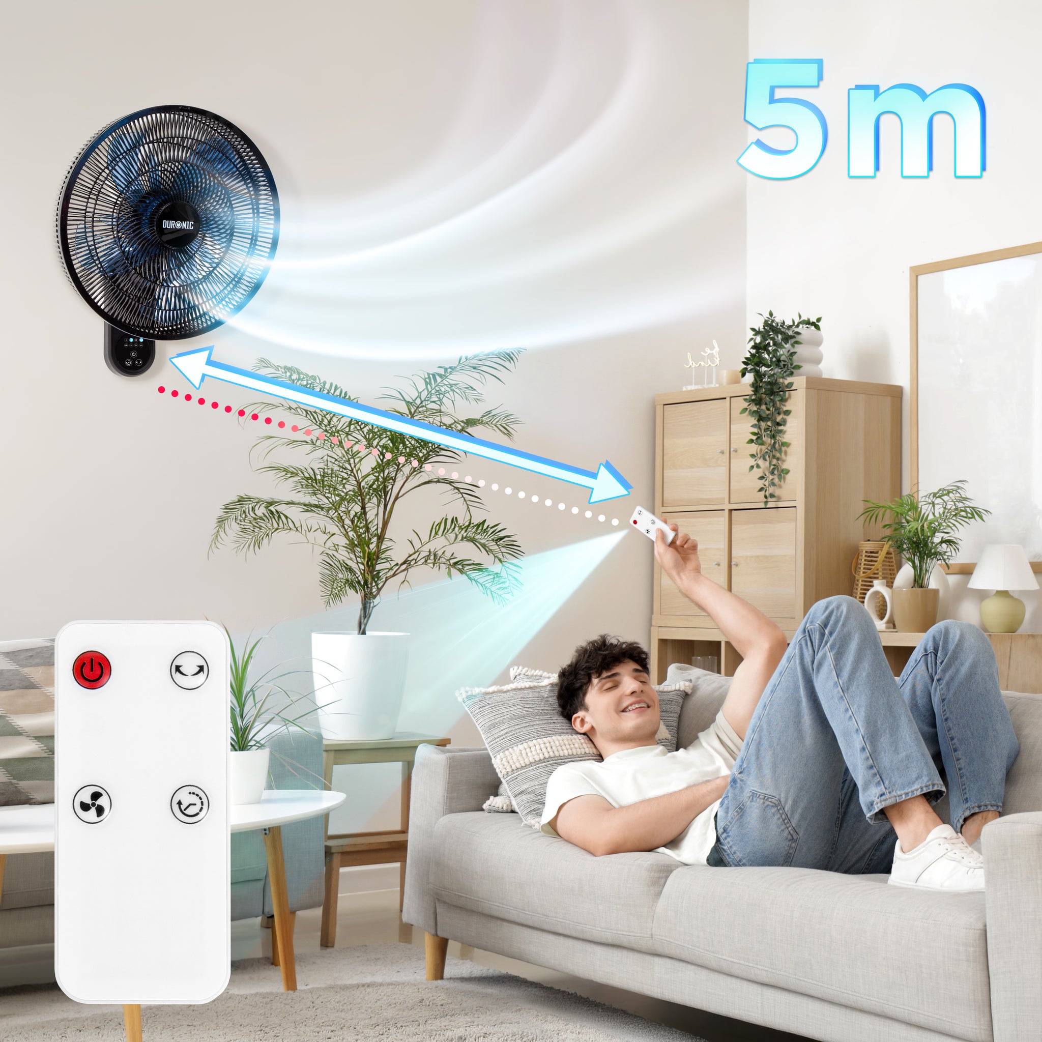 Duronic FN42 BK Ventilateur mural 50W Aérateur de 16 pouces 3 vitesses Minuterie Oscillation à 60° Télécommande incluse avec 5 mètres de portée Volume sonore 52,8 dB Montage facile