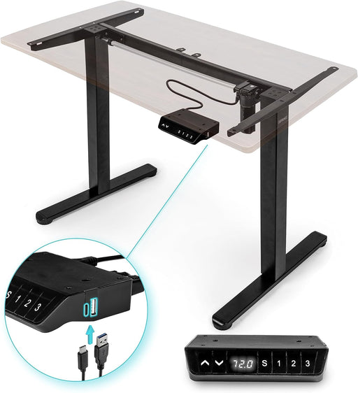 Duronic TM51 BK Structure de Bureau Assis-Debout électrique | Hauteur Ajustable de 72 à 118 cm | Charge maximale de 70 kg | Plateau de 120 140 ou 160 cm vendu séparément | Ports USB et USB-C