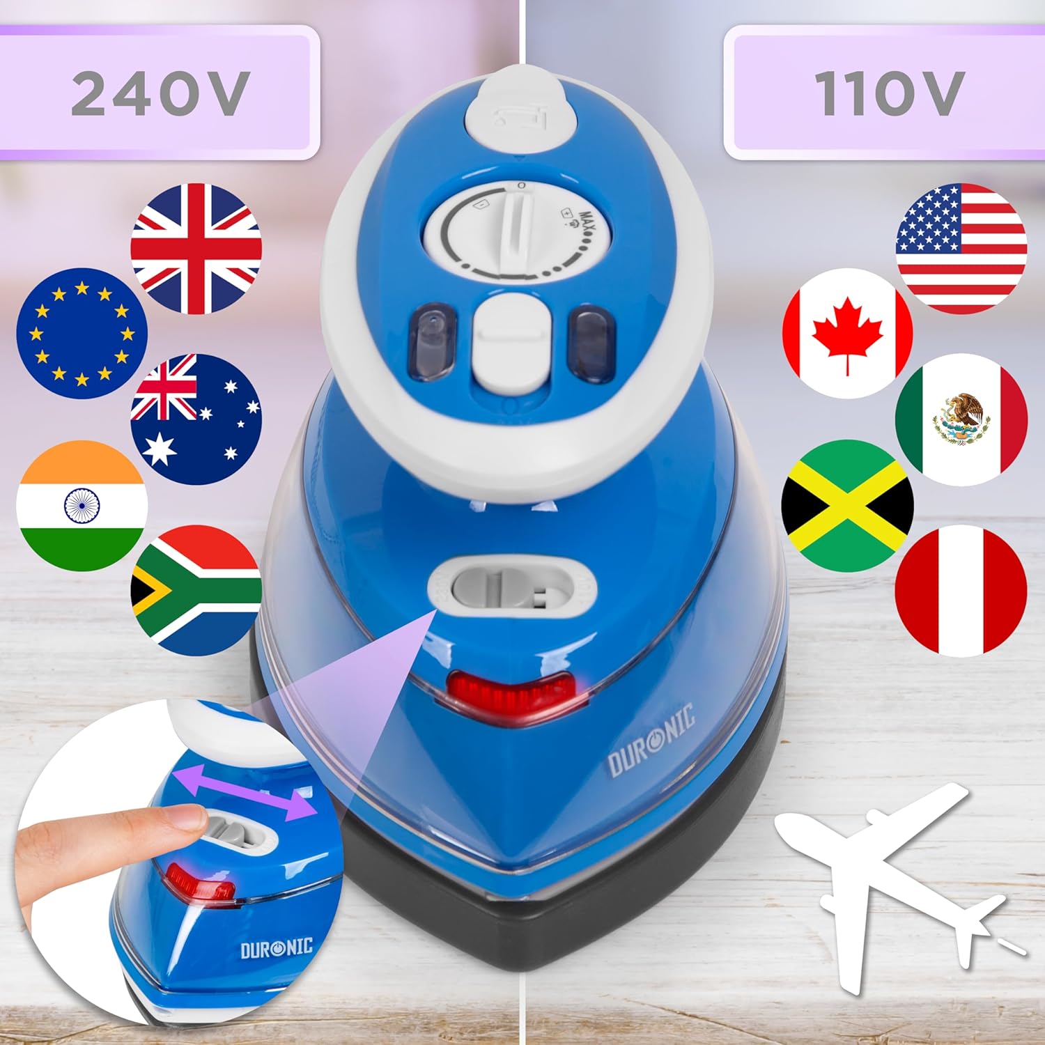 Duronic SI3 BE Fer à repasser à vapeur de voyage 400W Léger et compact 495g Idéal pour les déplacements Convient pour crafts et patchworks Accessoires inclus