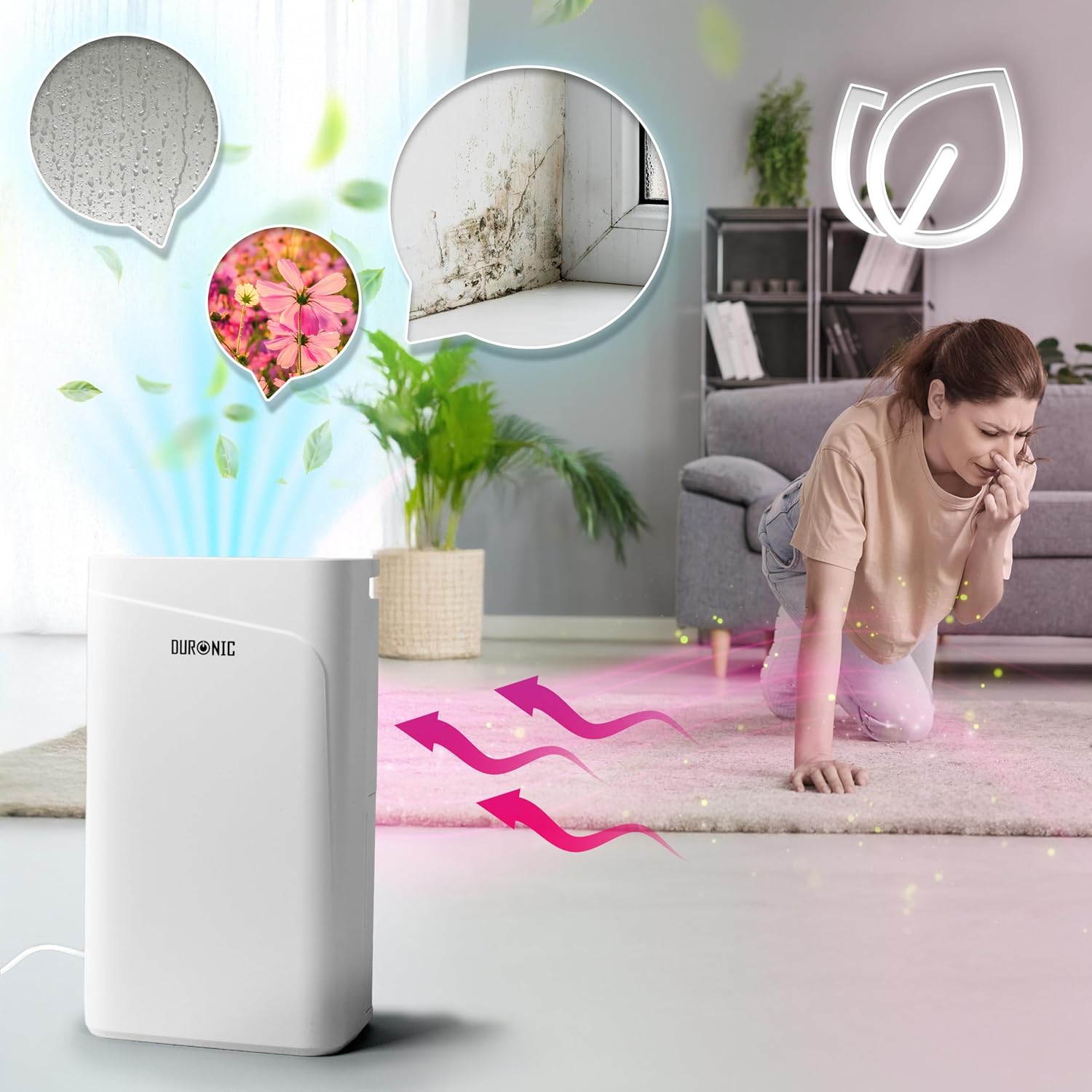 Duronic DH121 Déshumidificateur 300W Jusqu'à 12 litres d'eau par jour Réservoir d'eau de 2,1 litres Lutte contre l’humidité excessive et empêche la formation de moisissures Minuteur de 1 à 24 heures