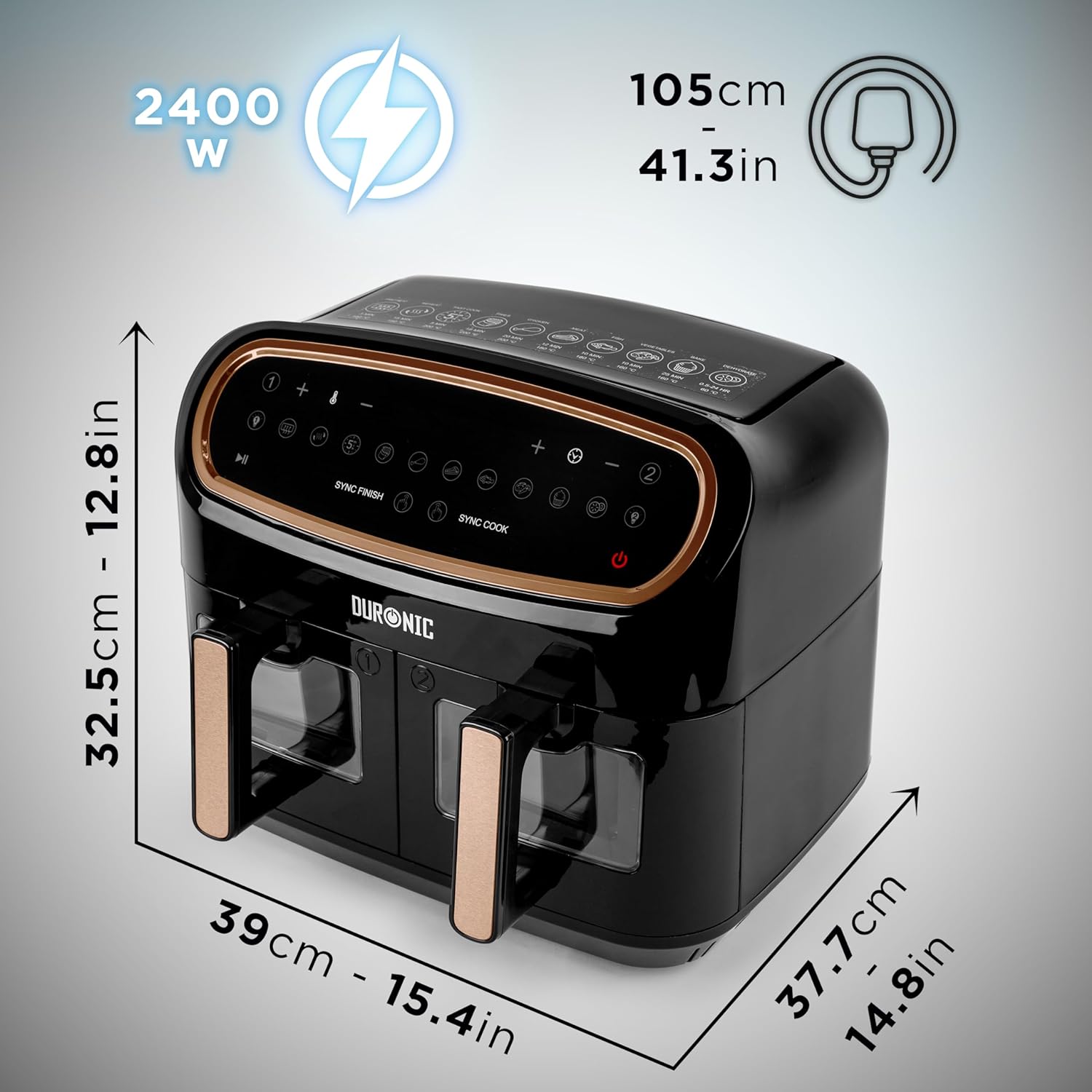 Duronic AF34 BG Set Friteuse à Air avec 1 grand tiroir de 10L et 2 petits tiroirs de 5L inclus | 10 Programmes de Cuisson Préréglés | Sans huile | Fonctions Sync Cook Sync Finish