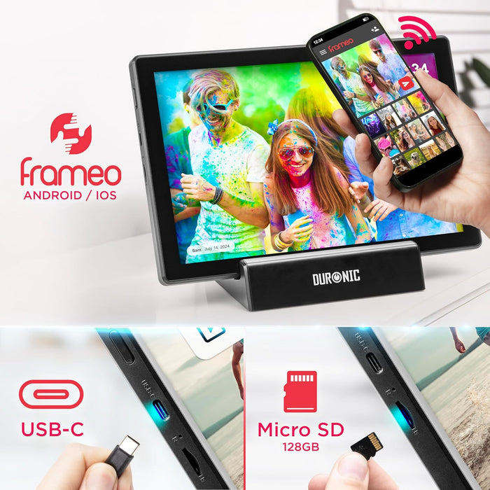 Duronic Frameo PF1D BK Cadre Photo numérique connecté Ecran Tactile 10,1 Pouces Lecteur Photos vidéos Haute résolution 1280 x 800 Pixels Mémoire 32 Go USB-C