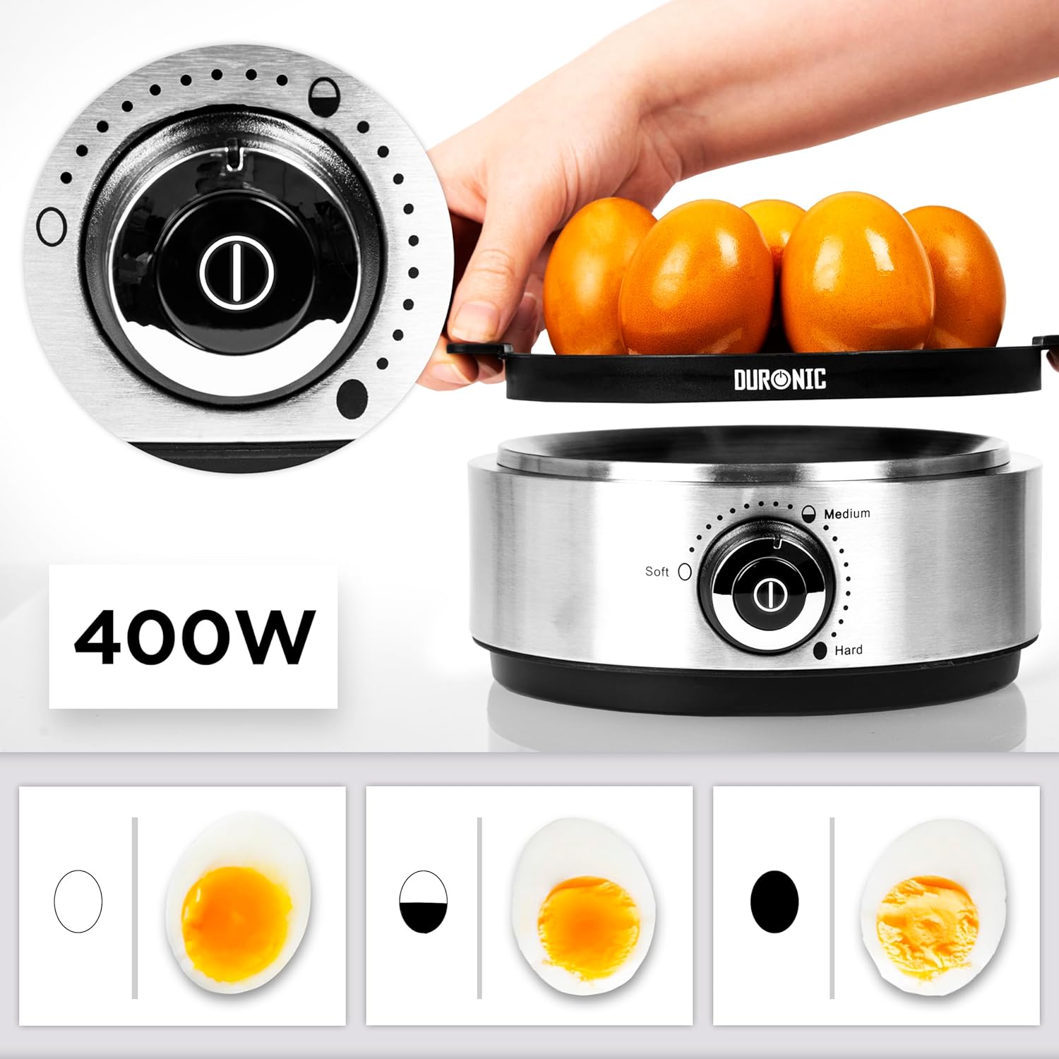 Duronic EB40 BK Cuiseur à œufs 400W 1 à 7 oeufs Thermostat et minuteur pour obtenir œufs durs ou mollets ou à la coque avec fonction dédiée pour préparer 2 types de cuisson Sans BPA