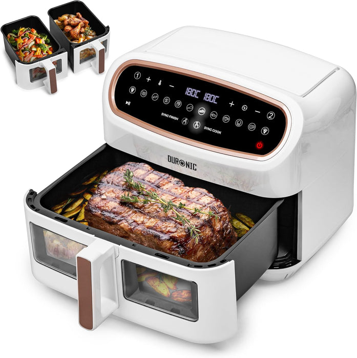 Duronic AF34 WG Set Friteuse à Air avec 1 grand tiroir de 10L et 2 petits tiroirs de 5L inclus | 10 Programmes de Cuisson Préréglés | Sans huile | Fonctions Sync Cook Sync Finish