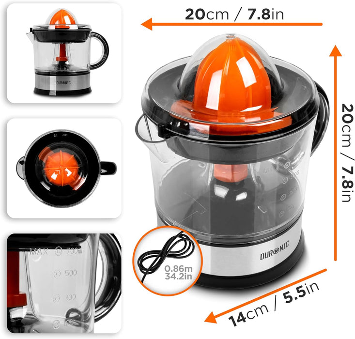 Duronic JE407 Presse-agrumes de 40W | Capacité de 700 ml | 2 cônes interchangeables | Filtre réglable pour la Pulpe | Idéal pour Jus d'Agrumes Oranges Citrons frais