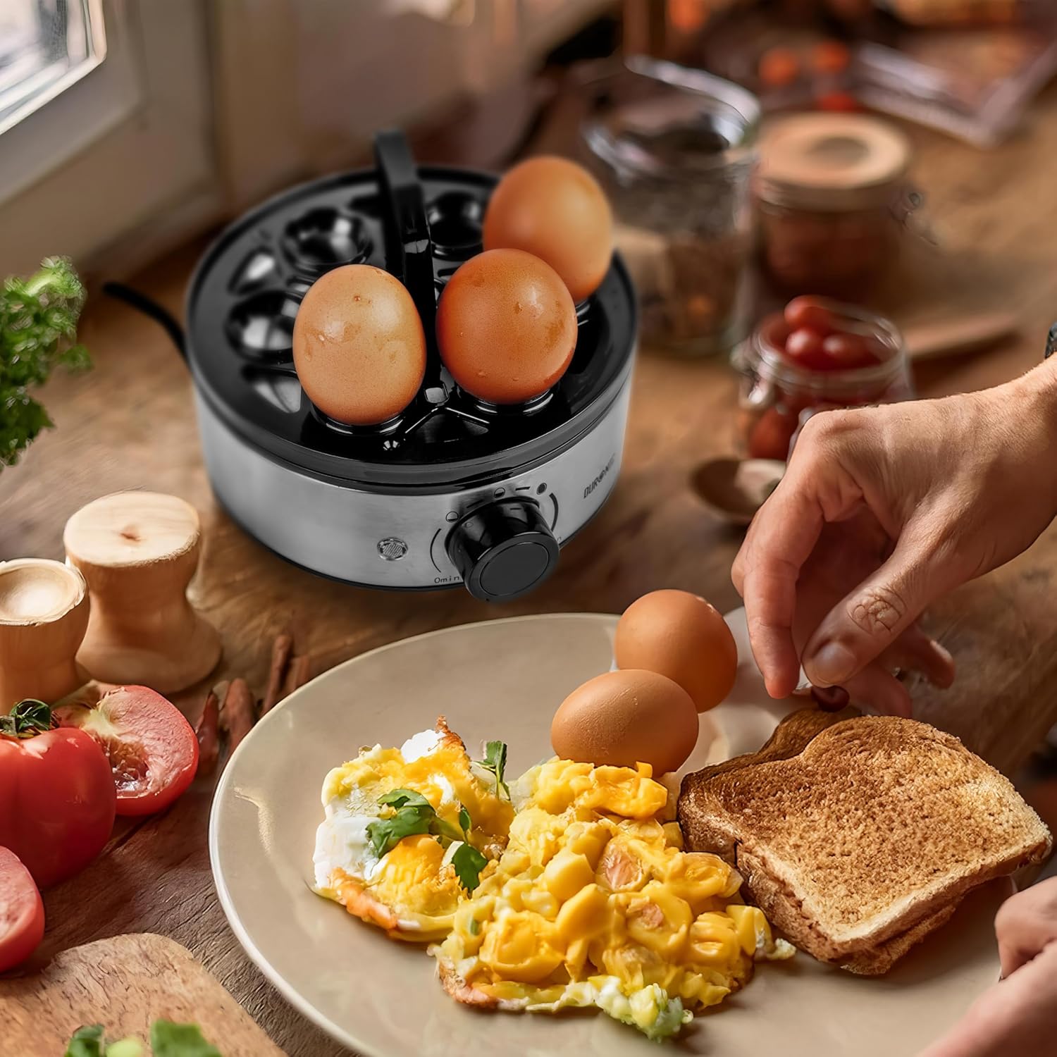 Duronic EB50 BK Cuiseur à oeufs 1 à 7 oeufs 400W Thermostat et minuteur 3 modes de cuisson Oeuf dur ou mollet ou à la coque Arrêt automatique avec alarme sonore Cuisson omelettes légumes œufs