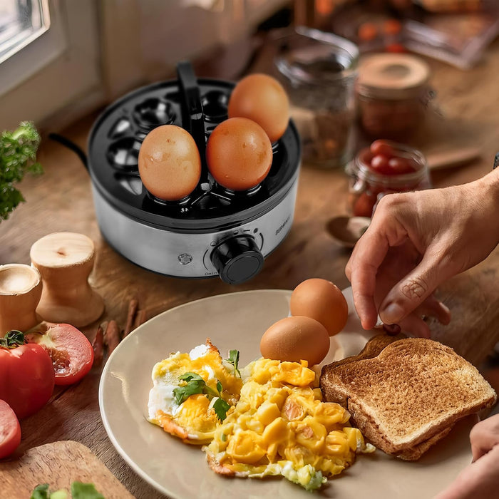 Duronic EB50 BK Cuiseur à oeufs 1 à 7 oeufs 400W Thermostat et minuteur 3 modes de cuisson Oeuf dur ou mollet ou à la coque Arrêt automatique avec alarme sonore Cuisson omelettes légumes œufs