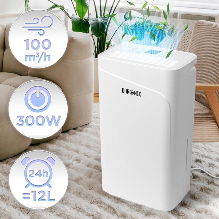 Duronic DH121 Déshumidificateur 300W Jusqu'à 12 litres d'eau par jour Réservoir d'eau de 2,1 litres Lutte contre l’humidité excessive et empêche la formation de moisissures Minuteur de 1 à 24 heures