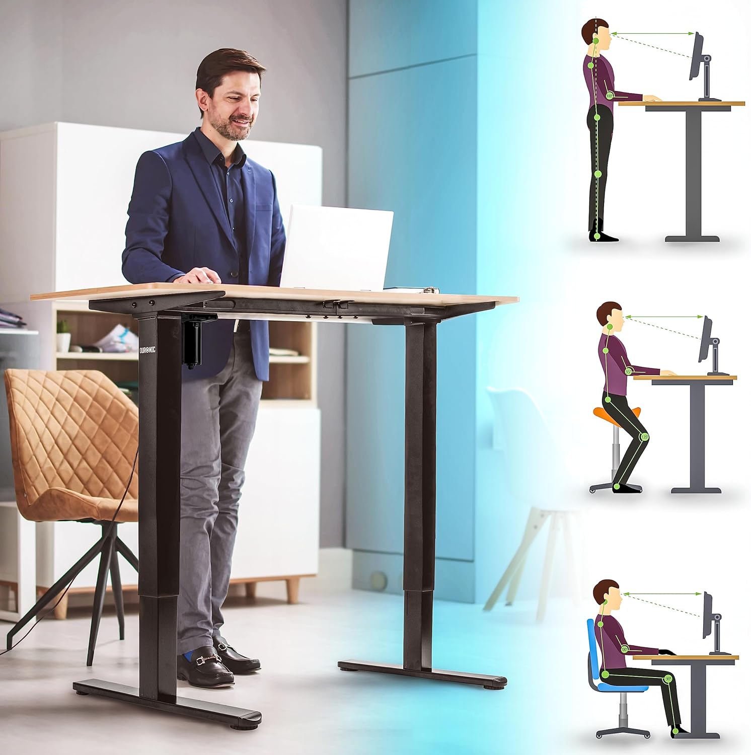 Duronic TM51 BK Structure de Bureau Assis-Debout électrique | Hauteur Ajustable de 72 à 118 cm | Charge maximale de 70 kg | Plateau de 120 140 ou 160 cm vendu séparément | Ports USB et USB-C