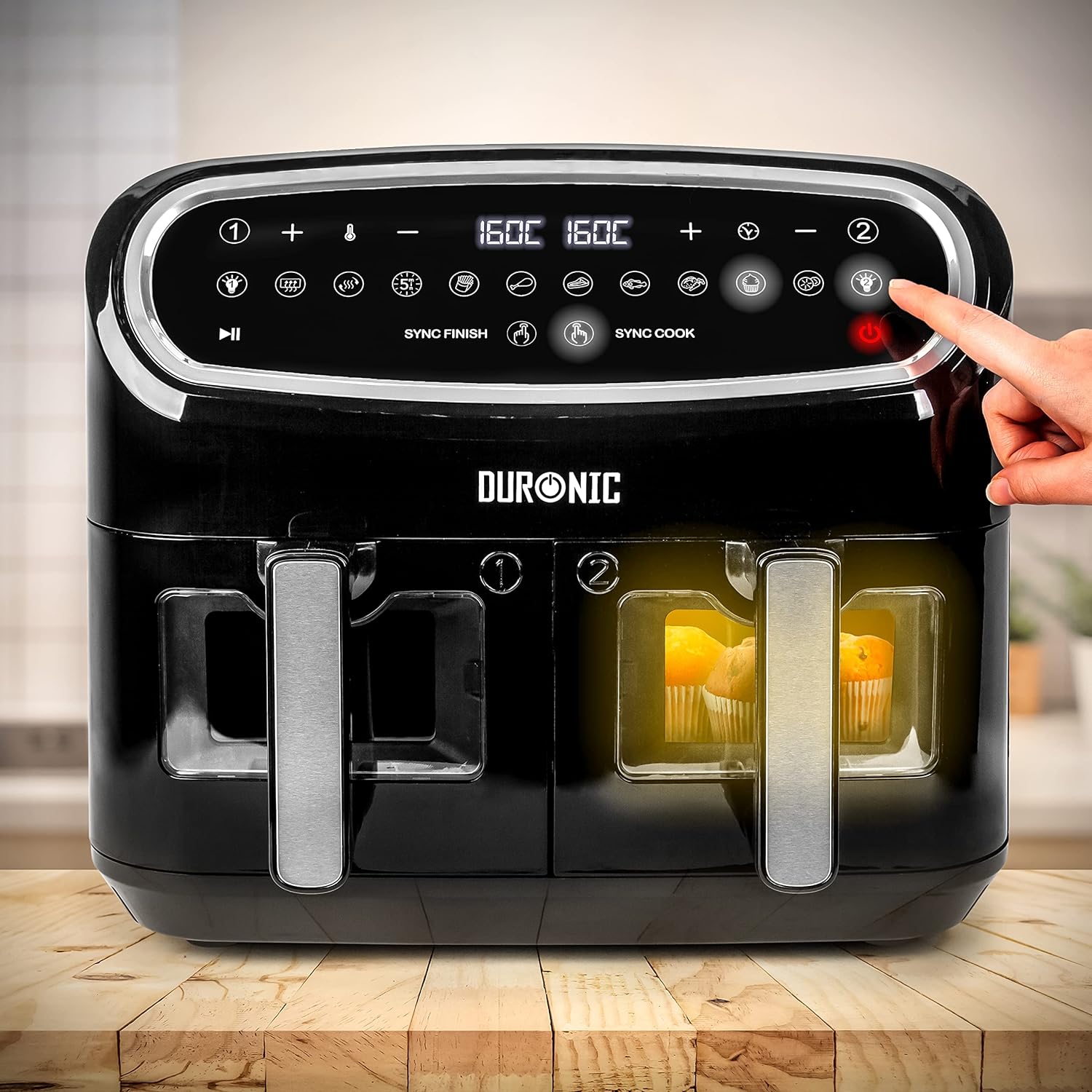 Duronic AF34 BK Set Friteuse à Air avec 1 grand tiroir de 10L et 2 petits tiroirs de 5L inclus | 10 Programmes de Cuisson Préréglés | Sans huile | Fonctions Sync Cook Sync Finish