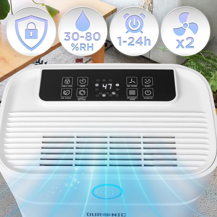 Duronic DH201 Déshumidificateur 440W Jusqu'à 20 litres d'eau par jour Réservoir d'eau de 5,1 litres Lutte contre l’humidité excessive et empêche la formation de moisissures Minuteur de 1 à 24 heures