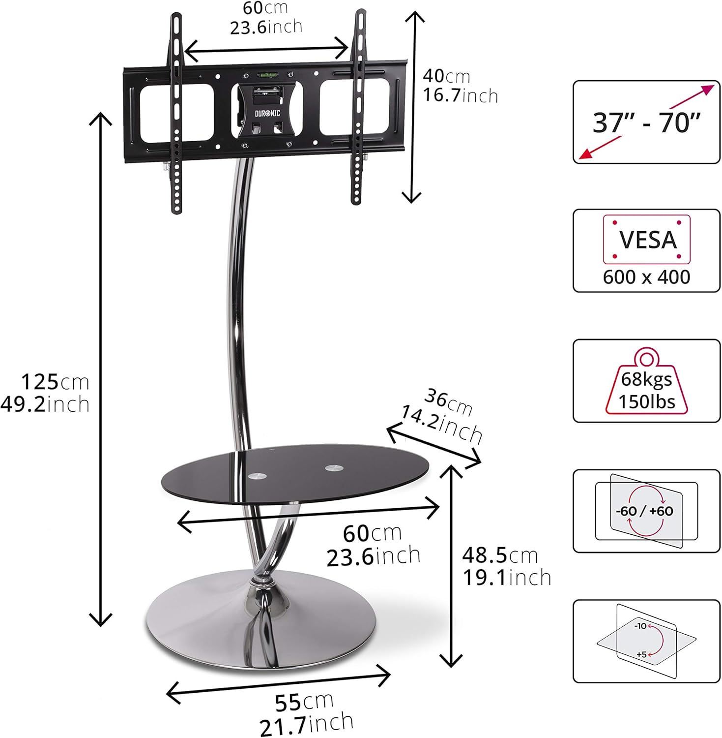 Duronic TVS3F1 Meuble TV pour écran 37 à 70 Pouces Support télévision LCD LED OLED QLED Inclinaison -10° +15° Rotation -60° +60° VESA 600x400 mm Charge Max 68 kg