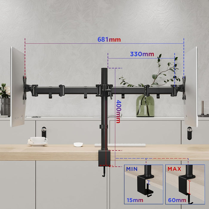 Duronic DM252 BK Support de 2 moniteurs à Pince pour Bureau - Hauteur Ajustable -Rotatif/Pivotable/Inclinable-Compatible avec Moniteur d'Ordinateur LCD/LED VESA 75/100-Potence et Bras en Acier