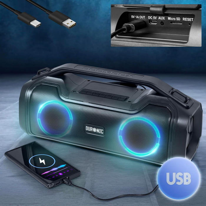 Duronic BX48 Enceinte Bluetooth Portable de 80W | Boombox sans Fil avec lumières RGB | Résiste à l'eau IPX5 | Autonomie de 4,5 Heures | Compatible AUX USB